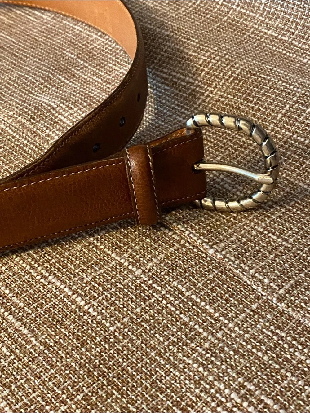 Martin Dingman Chestnut Brown Leather Belt with Textured Silver Buckle Men’s 34